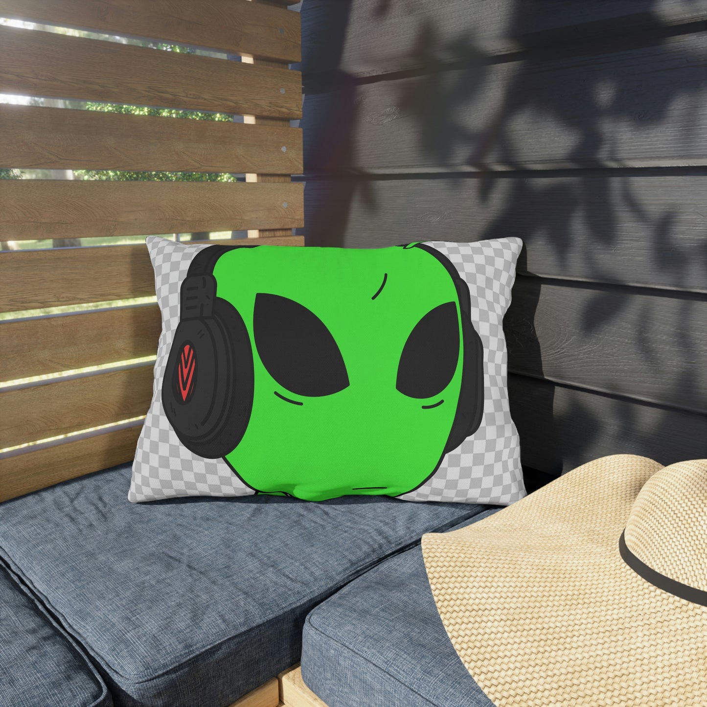 Alien Music Headphone Podcast Character Visitor Outdoor Pillows