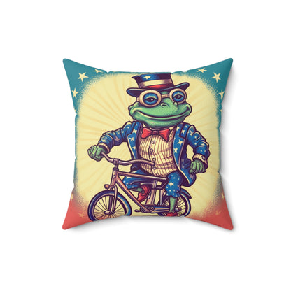 USA Frog Patriotic Indepencence Day 4th of July Bike Rider Spun Polyester Square Pillow