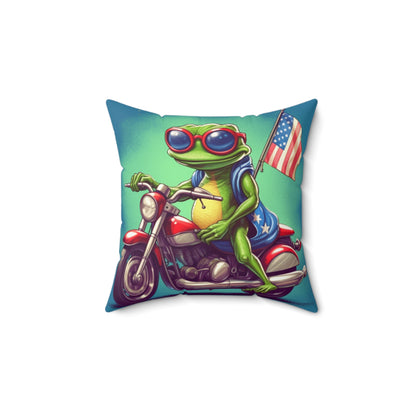 Frog Cartoon Anime USA Patriotic Motorcycle Rider Graphic Spun Polyester Square Pillow