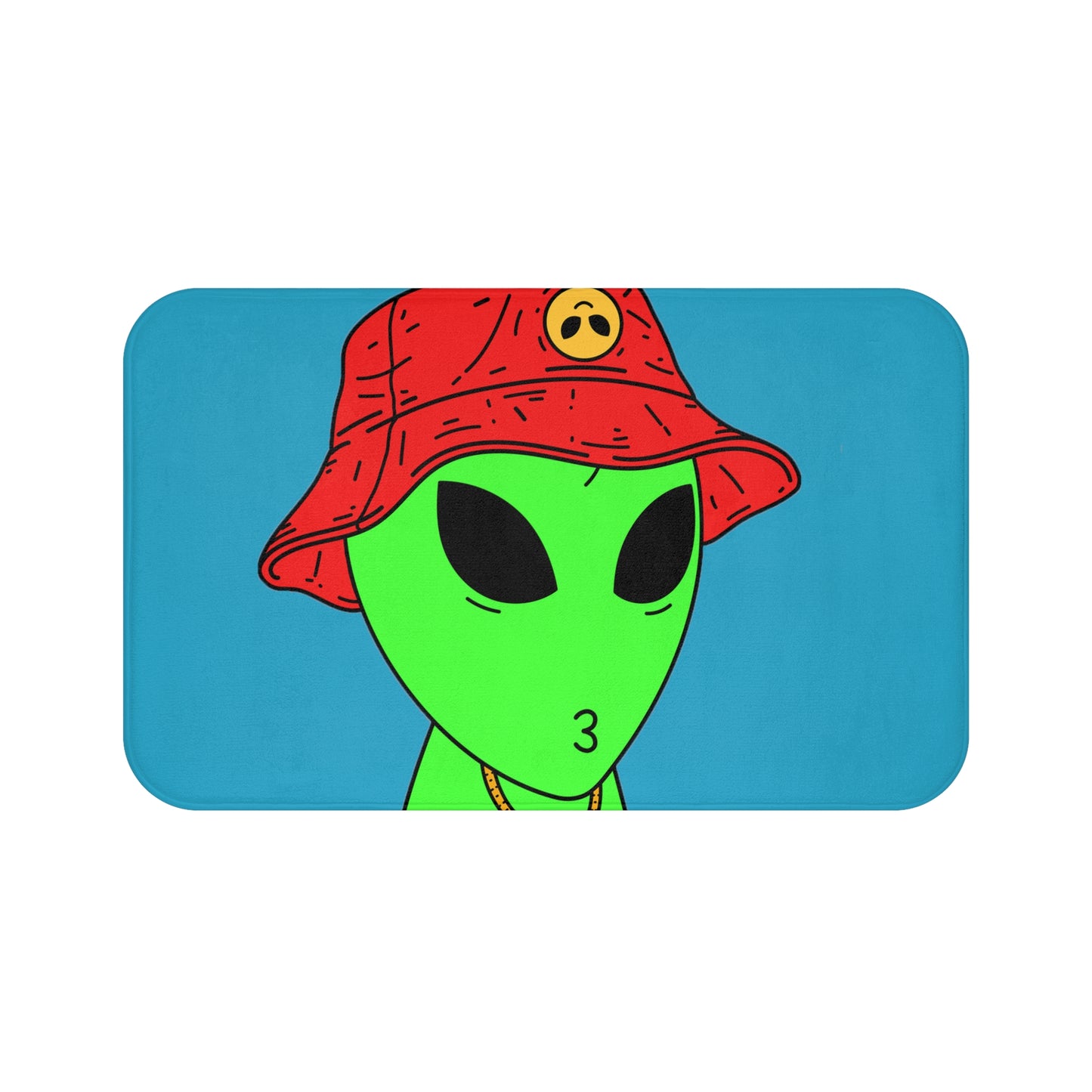 The Visitors Green Alien Kiss Face Gold Chain Red Hat Bath Mat Bath Mat