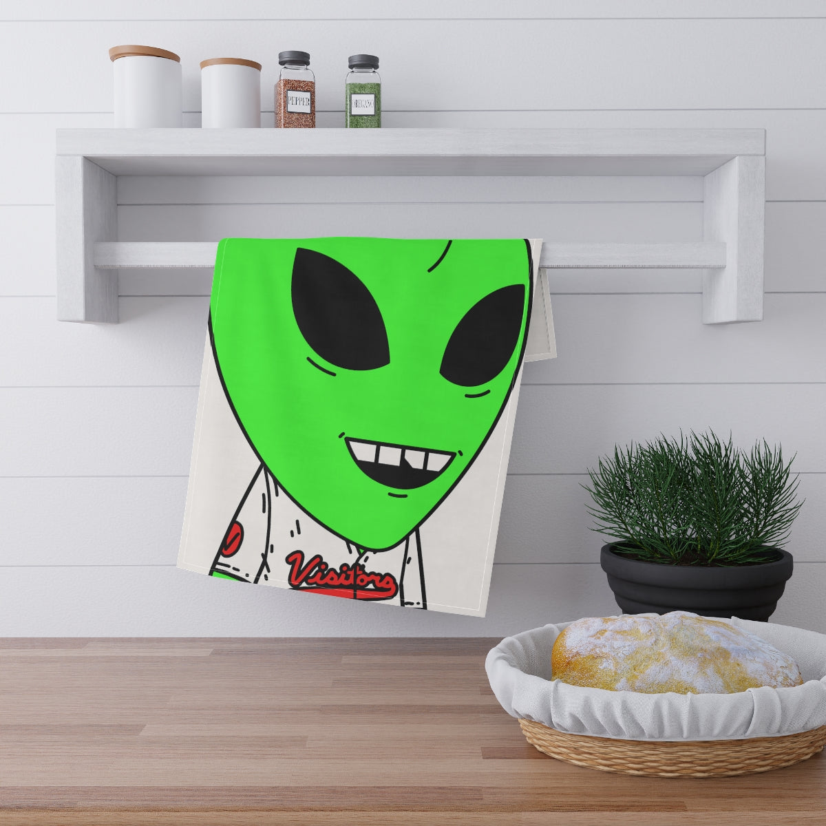 Toalla de cocina con personaje de diente astillado y extraterrestre verde del equipo deportivo de los visitantes 