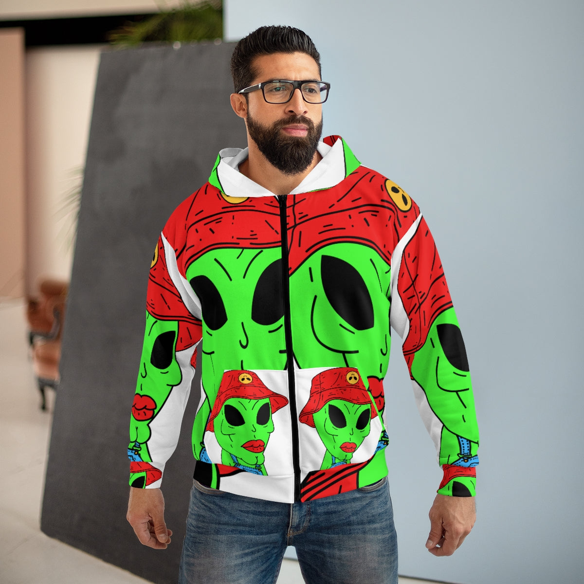 Structured Face Skeletal Alien AOP Unisex Zip Hoodie