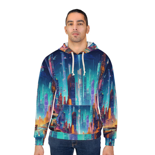 Futurista Neon Cyberpunk Cityscape Art Design Sudadera con capucha unisex (AOP)