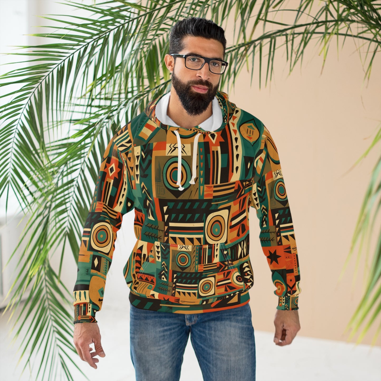 Sudadera con capucha unisex con diseño de patrón geométrico de inspiración tribal en tonos terrosos (AOP)