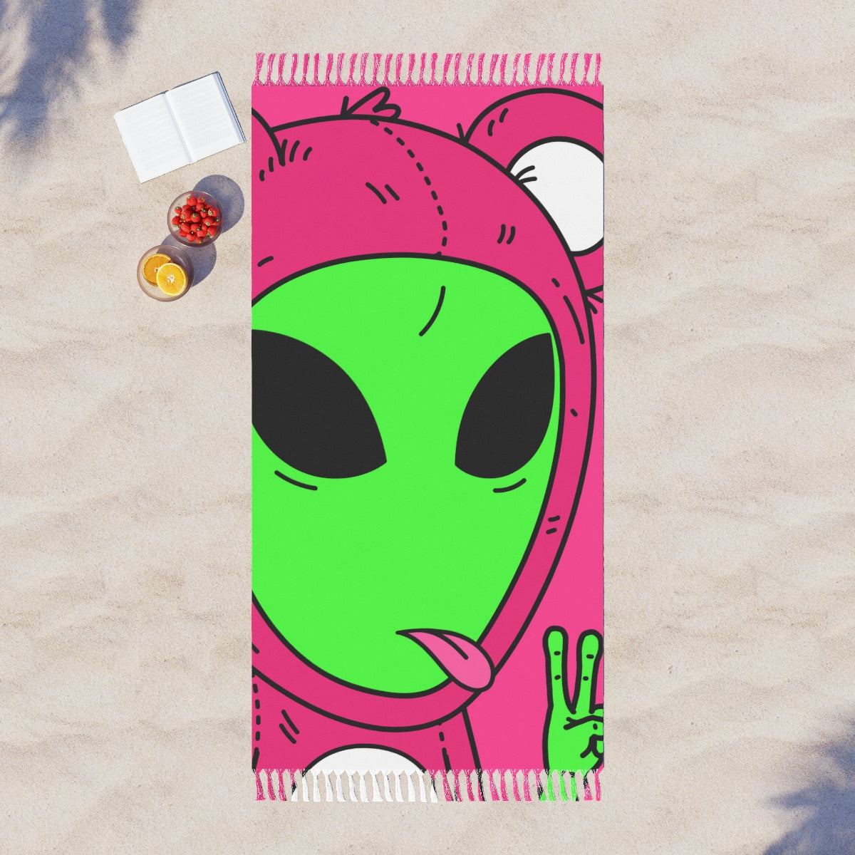 Pink Bear Green Peace Hand Tongue Visitor Alien Boho Beach Cloth