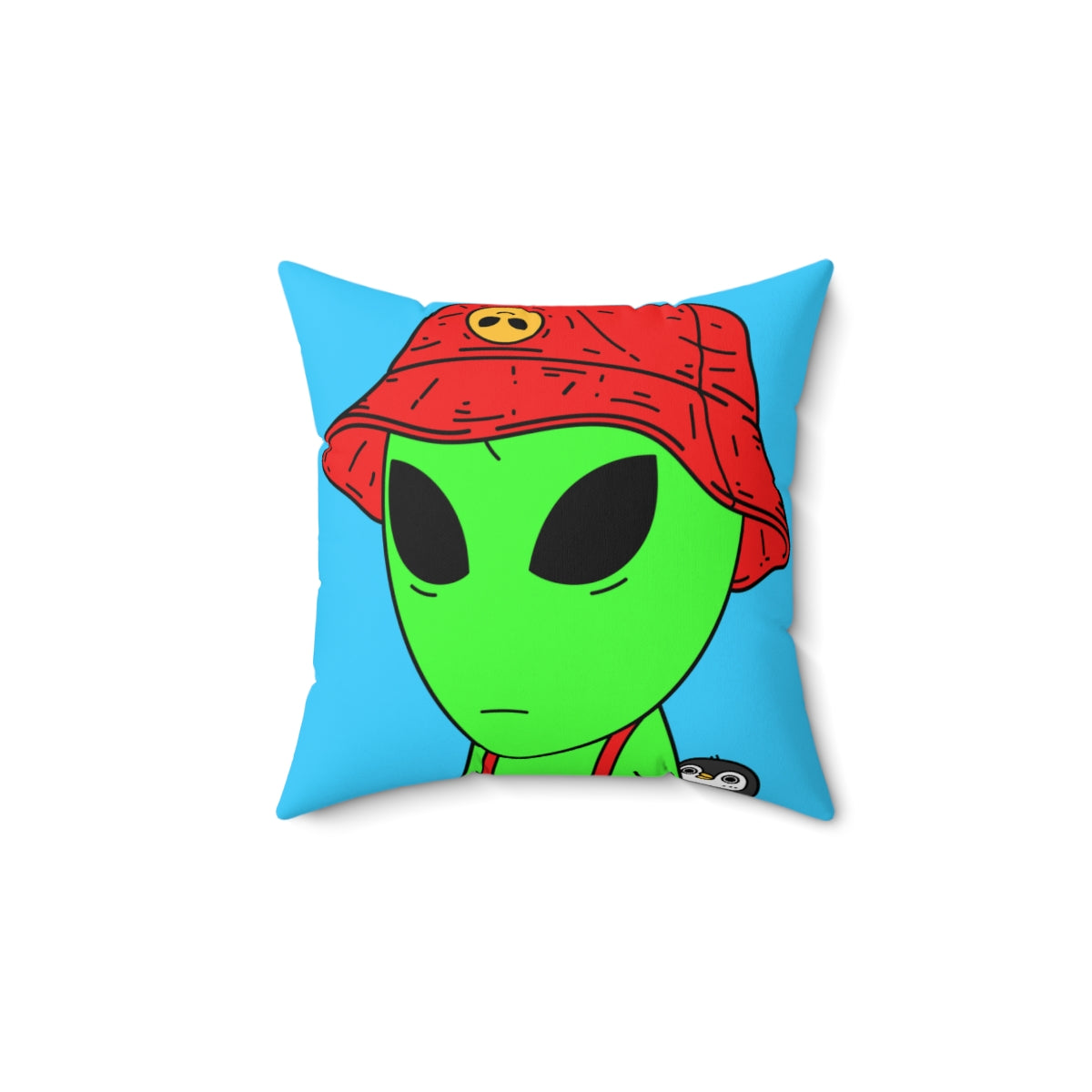 Penguin Alien Visitor Red Visi Hat Suspenders Spun Polyester Square Pillow