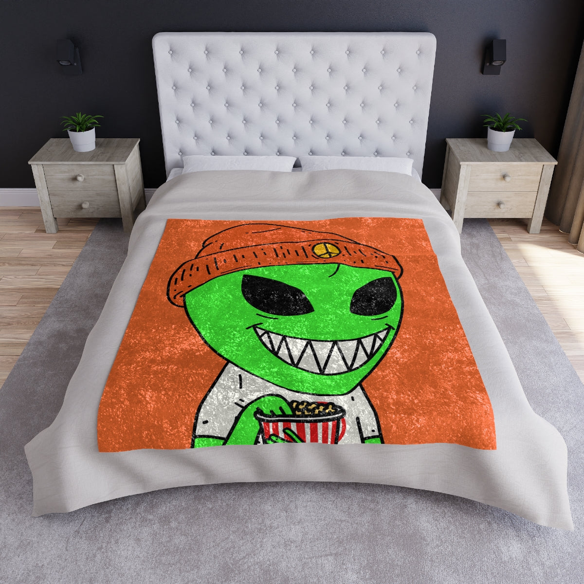 Big Smile Popcorn Green Visitor Peace Hat Crushed Velvet Blanket