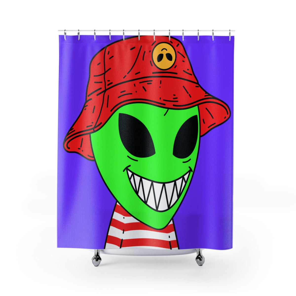 Personaje alienígena Dibujos animados Sombrero rojo Camisa a rayas Gran sonrisa Cortinas de ducha