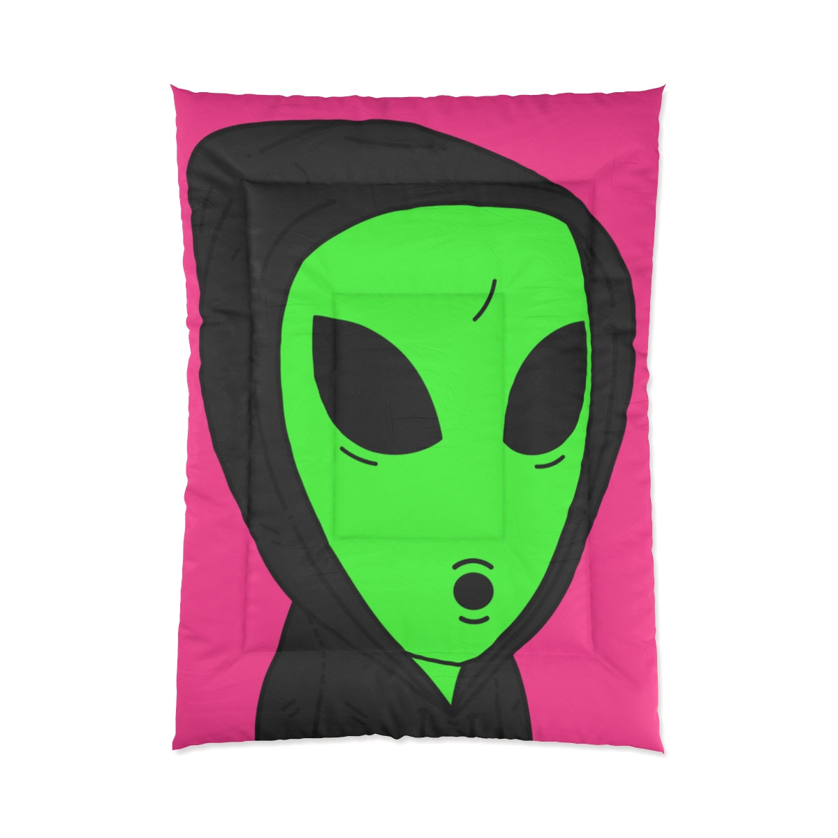The Visitor Green Alien Black Hoodie Pink Background Bed Comforter