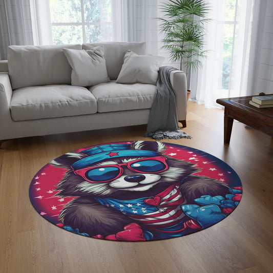 Cute Furry Raccoon Animal USA Flag Style Round Rug