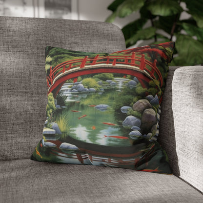 Japanese Garden Art - Tranquil Koi Pond Red Bridge Spun Polyester Square Pillow Case