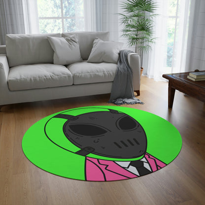 Green Alien Black Space UFO Mask Pink Suit Visitor Round Rug - Visitor751