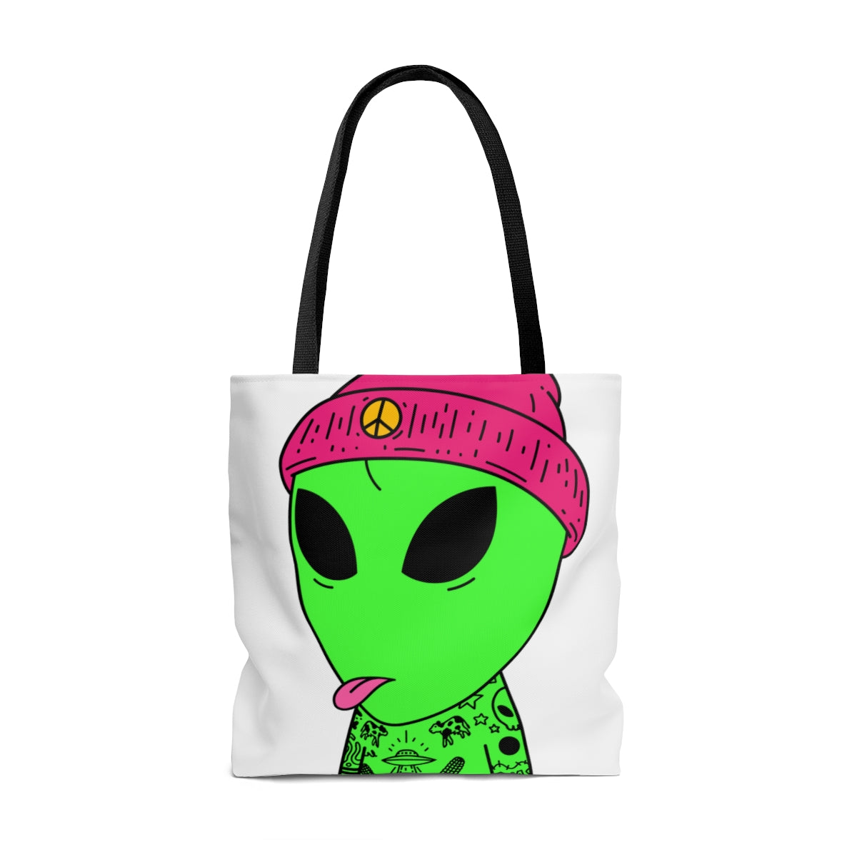 Pink Tongue Peace Hat Alien Tattoos UFO Space Extraterrestrial Visitor AOP Tote Bag