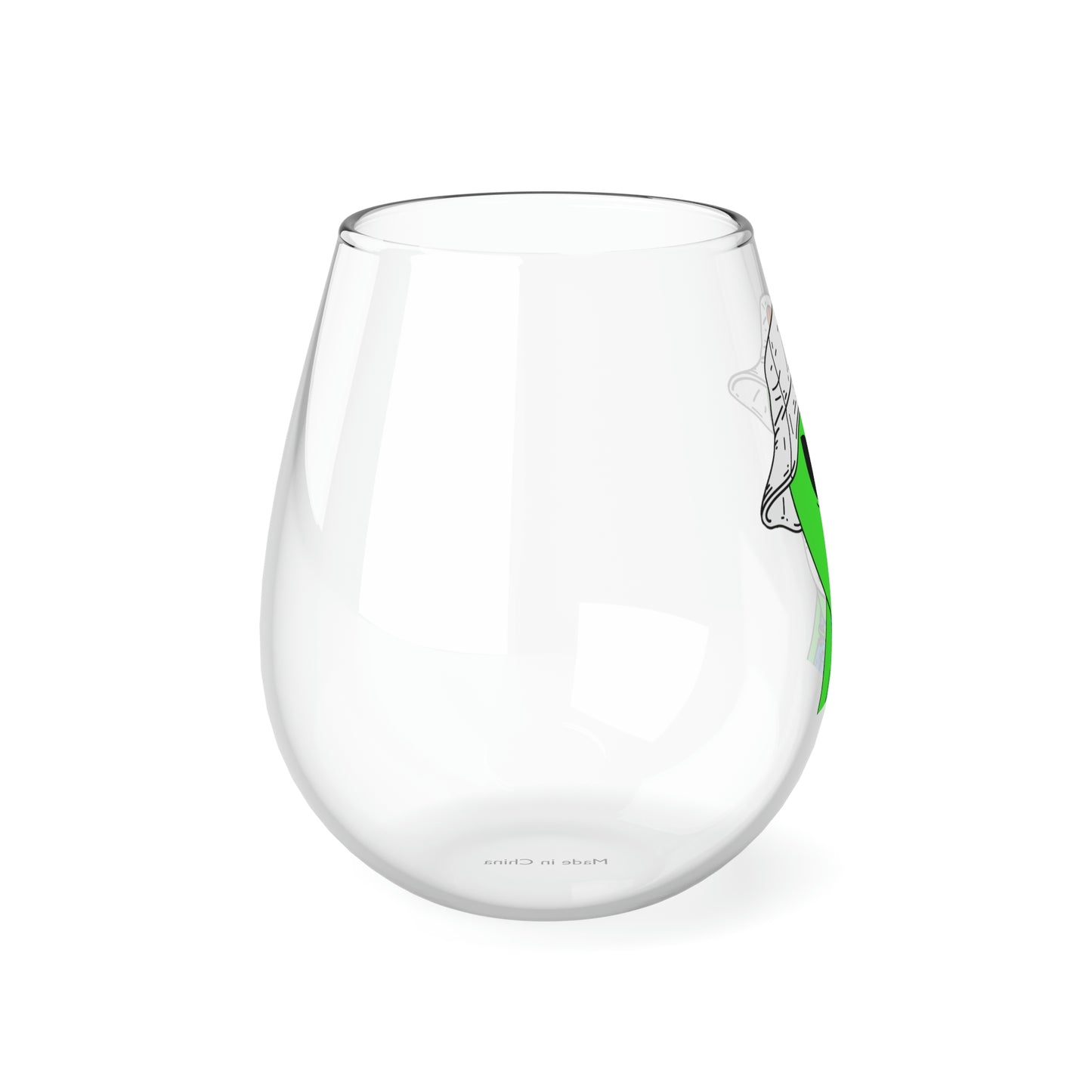 Green Dog Face Visitor Alien Hat Farmer Trousers Stemless Wine Glass, 11.75oz