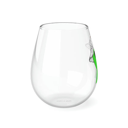 Green Dog Face Visitor Alien Hat Farmer Trousers Stemless Wine Glass, 11.75oz