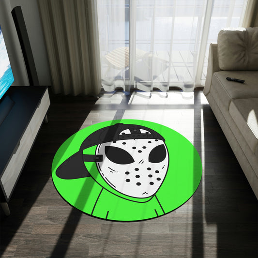 White Hockey Mask Green Alien Visitor Black Cap Round Rug - Visitor751