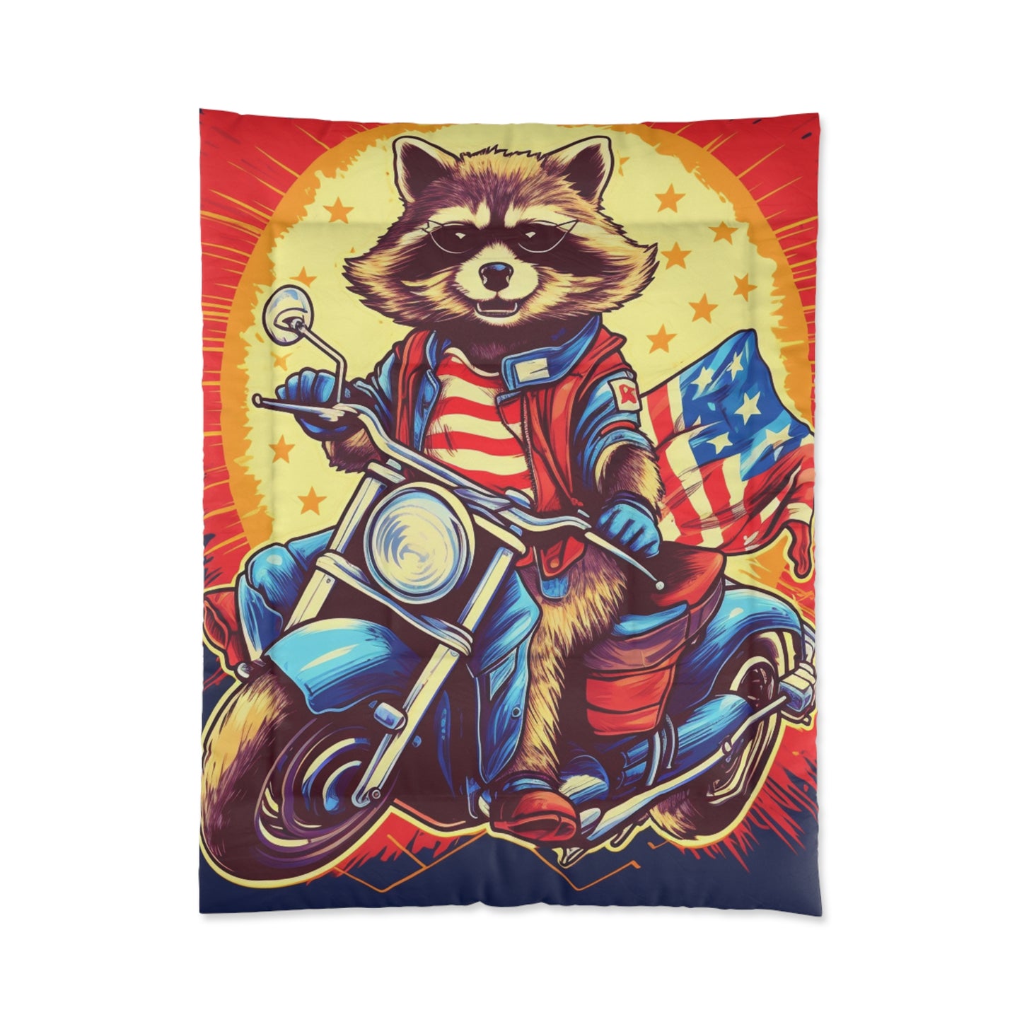 Red White and Blue American Raccoon Biker Motorcyclist Graphic Comforter