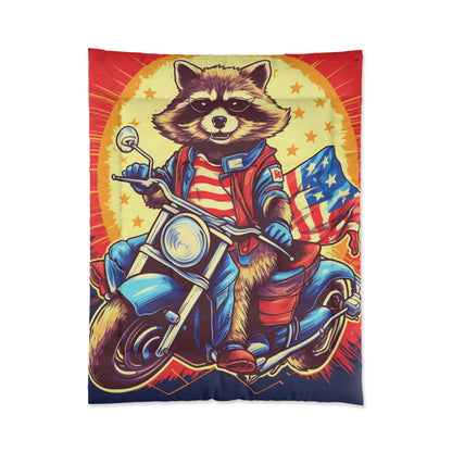 Red White and Blue American Raccoon Biker Motorcyclist Graphic Comforter