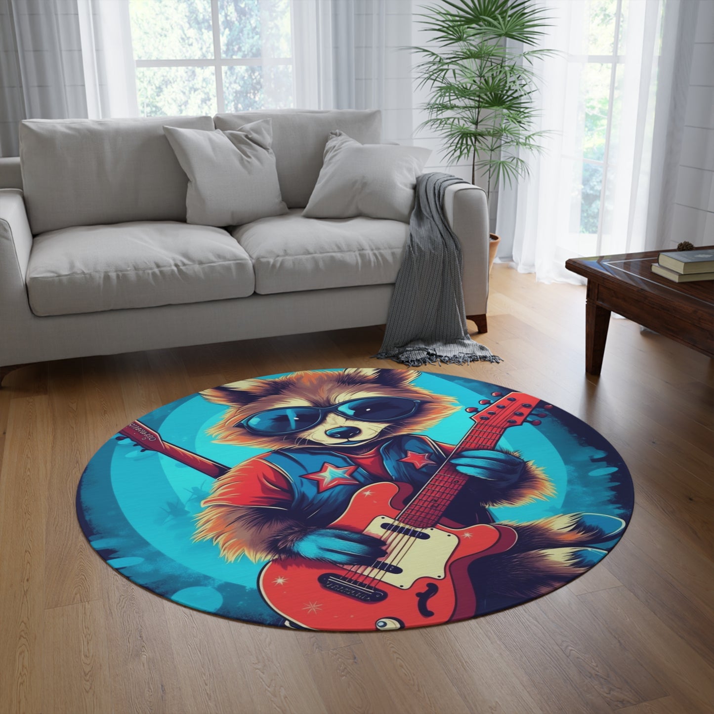 Rock Star Raccoon - Animal Musician Playing Guitar Round Rug