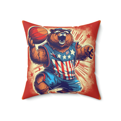 Slam Dunk for Independence:Patriotic Bear's 4th of July Basketball Game Spun Polyester Square Pillow