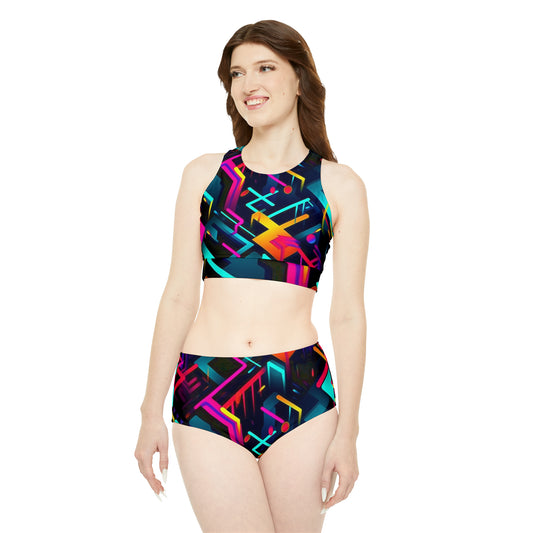 Vibrant Trendy Neon Abstract Geometric Pattern Design Sporty Bikini Set (AOP)