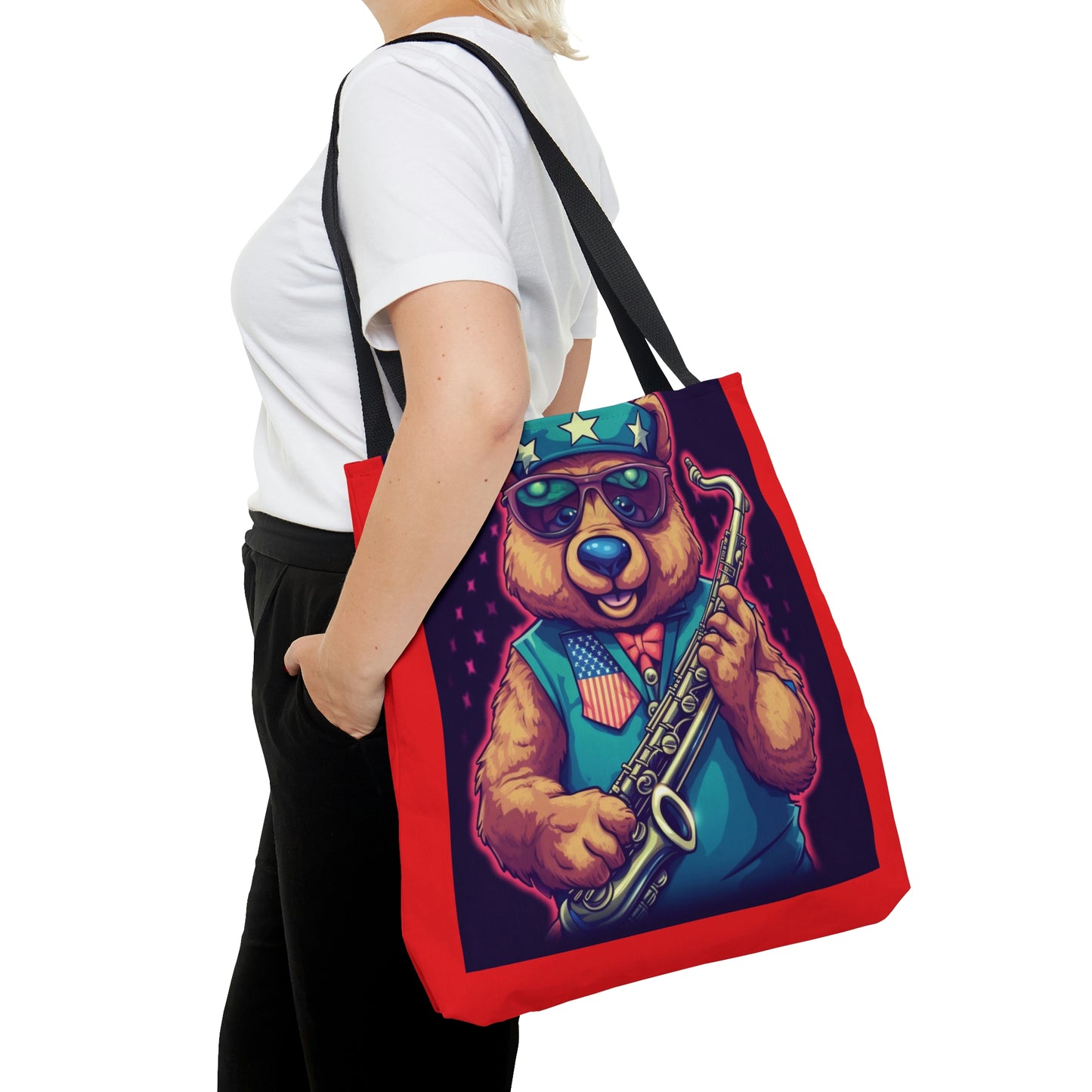 Jazz Stars and Stripes: Celebrate 4th of July with the Patriotic Bear's Saxophone Tote Bag (AOP)