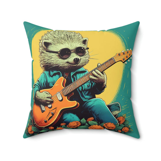 Hedgehog Rock Star Classic Animal Guitarist Graphic Spun Polyester Square Pillow