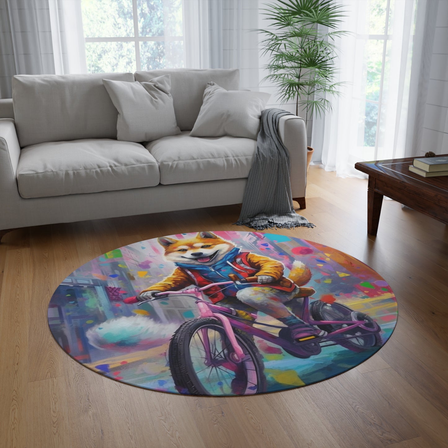 Shiba Inu on Bike Graffiti-Style Art: Colorful, Happy, Post-Apocalyptic Design Round Rug