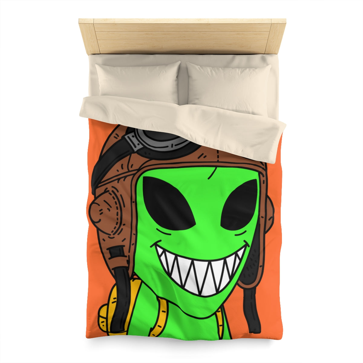 Aviator Flying Cap Green Alien Visitor Big Smile Teeth Yellow Backpack Microfiber Duvet Cover