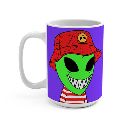 Alien Character Cartoon Red Hat Striped Shirt Big Smile Mug 15oz