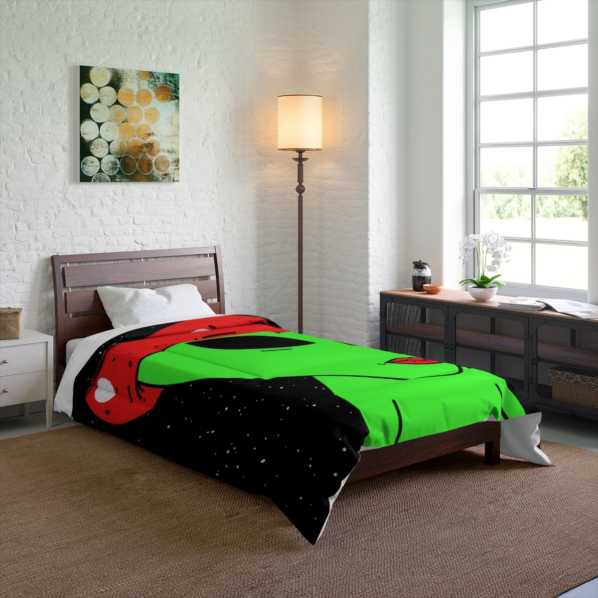 Mushroom Head Green Alien Visitor w/ Red Lips Bed Comforter