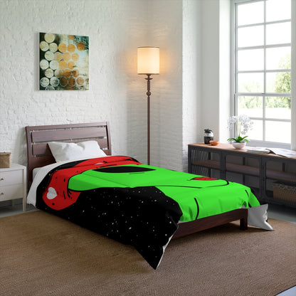 Mushroom Head Green Alien Visitor w/ Red Lips Bed Comforter