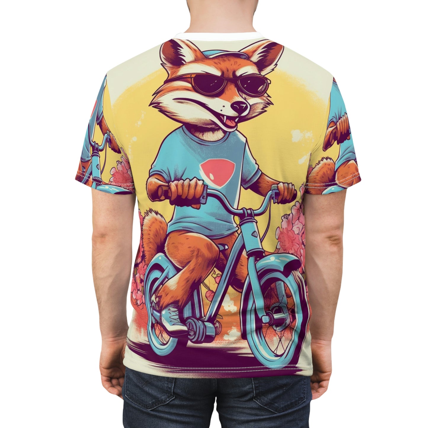 Fox Riding Bike Cartoon Anime Culture Graphic Unisex Cut & Sew Tee (AOP)