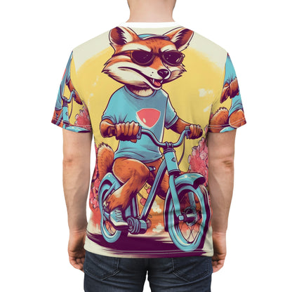 Fox Riding Bike Cartoon Anime Culture Graphic Unisex Cut & Sew Tee (AOP)