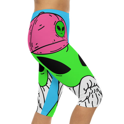 Beard Visitor Pink Hat Alien Cartoon Women’s Capri Leggings (AOP)