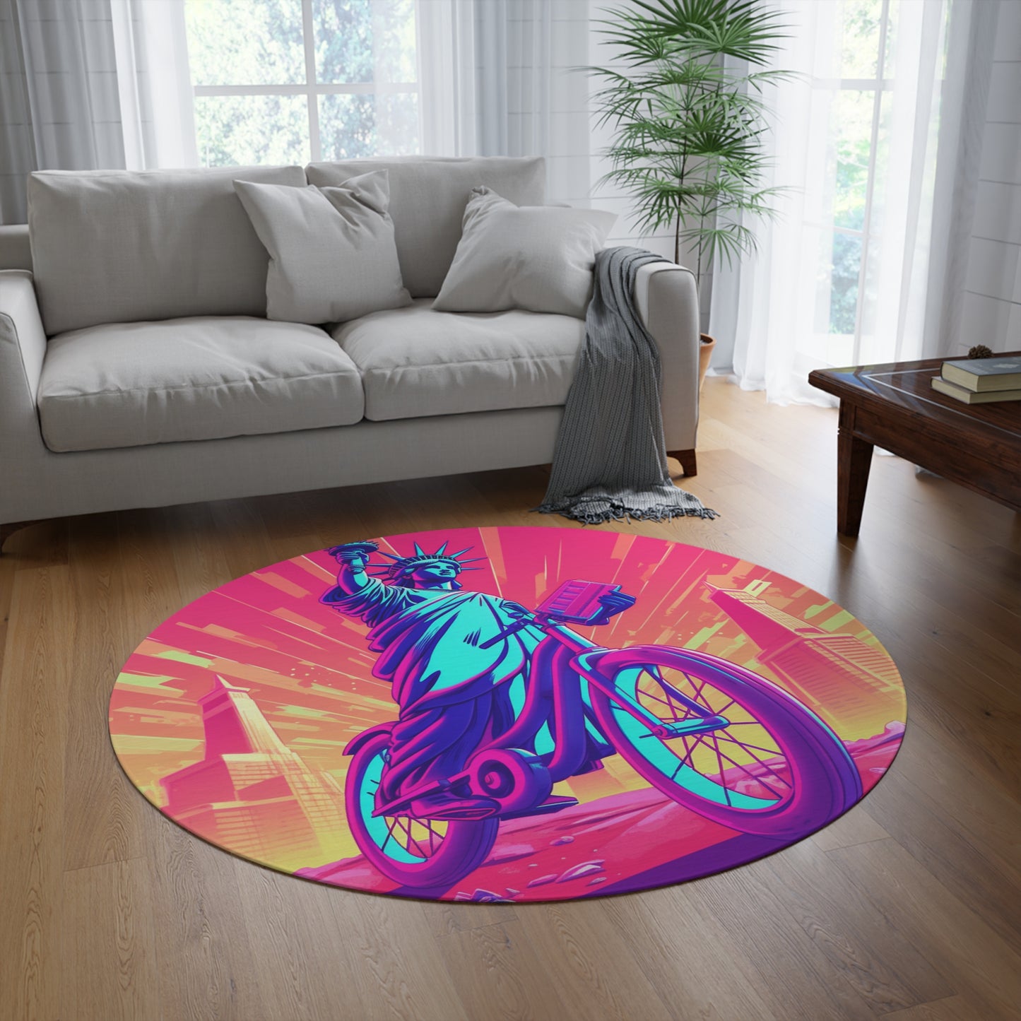 Statue of Liberty USA Bike Rider Graphic Round Rug