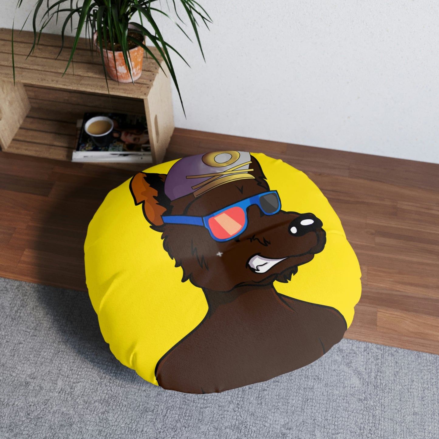 Wolf Cyborg Sailor Hat Shirtless Sunglasses Brown Fur Tufted Floor Pillow, Round