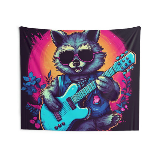 Arte de músico de mapache - Tapices de pared interior de animales peludos de guitarrista estrella de rock 