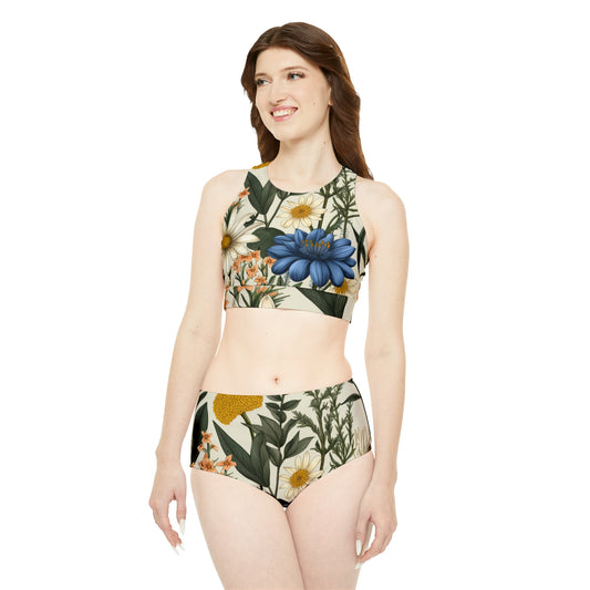 Botanical Illustration Flowers & Plants Design Sporty Bikini Set (AOP)