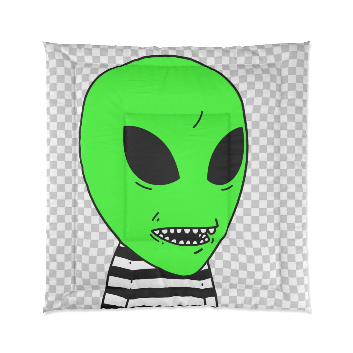 Green Alien Sharp Teeth Mouth Striped Black White Shirt Visitor Bed Comforter