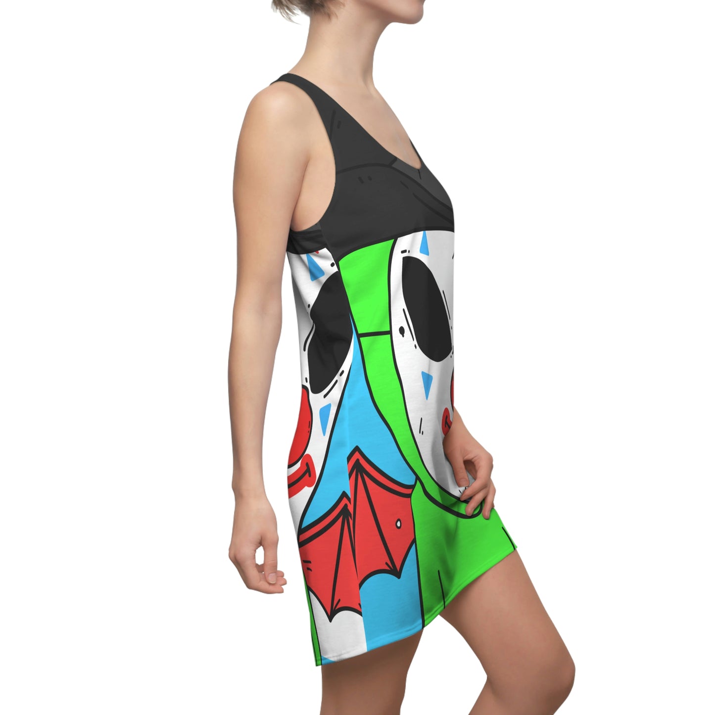 Clown Visitor Green Alien w/ Devil Wings Women's Cut & Sew Racerback Dress (AOP)