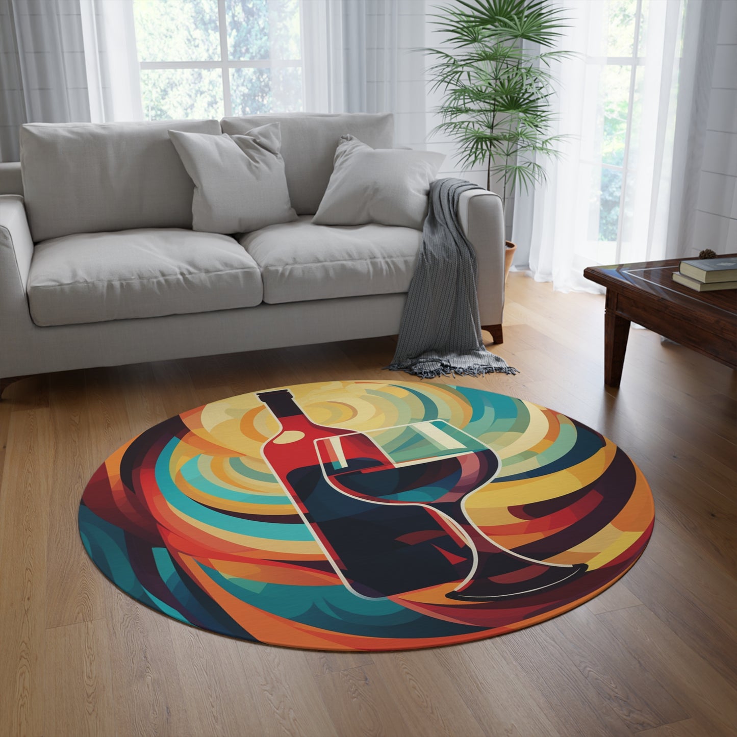 Wine Lover Abstract - Bottle & Glass Design Round Rug