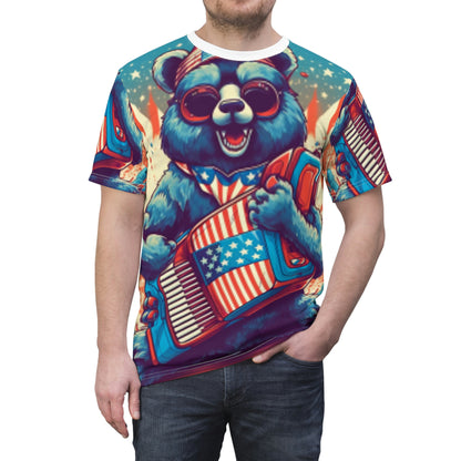 Accordion Bear Patriotic 独立記念日 アメリカン ミュージック ユニセックス カットソー Tシャツ (AOP) 