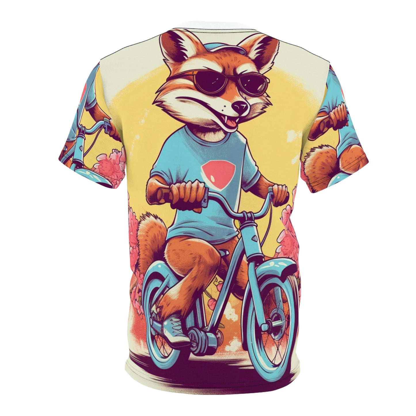 Fox Riding Bike Cartoon Anime Culture Graphic Unisex Cut & Sew Tee (AOP)