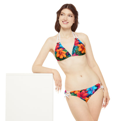 Vibrant Hawaiian-Inspired Tropical Floral Pattern Design Strappy Bikini Set (AOP)