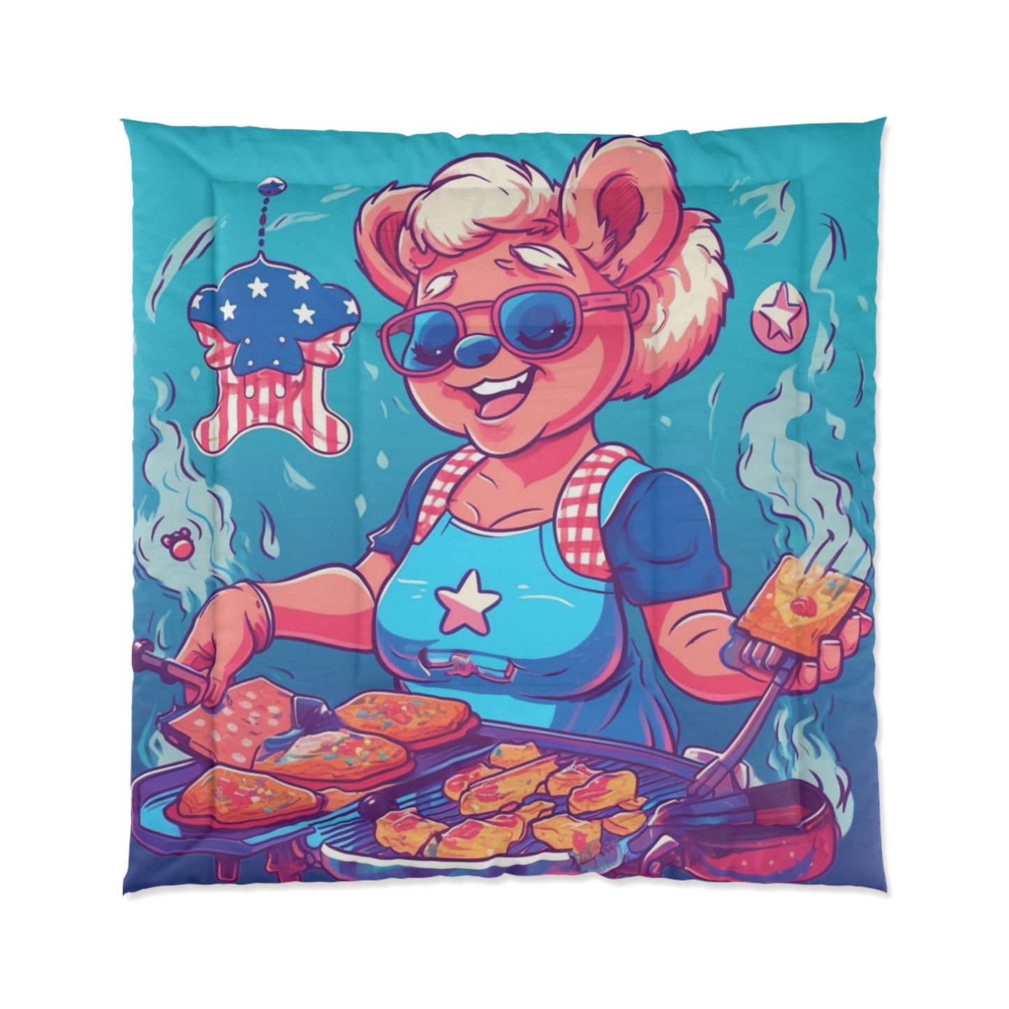 Patriotic Bear Chef: Female Cook Woman Bringing Flavor and American Pride Comforter