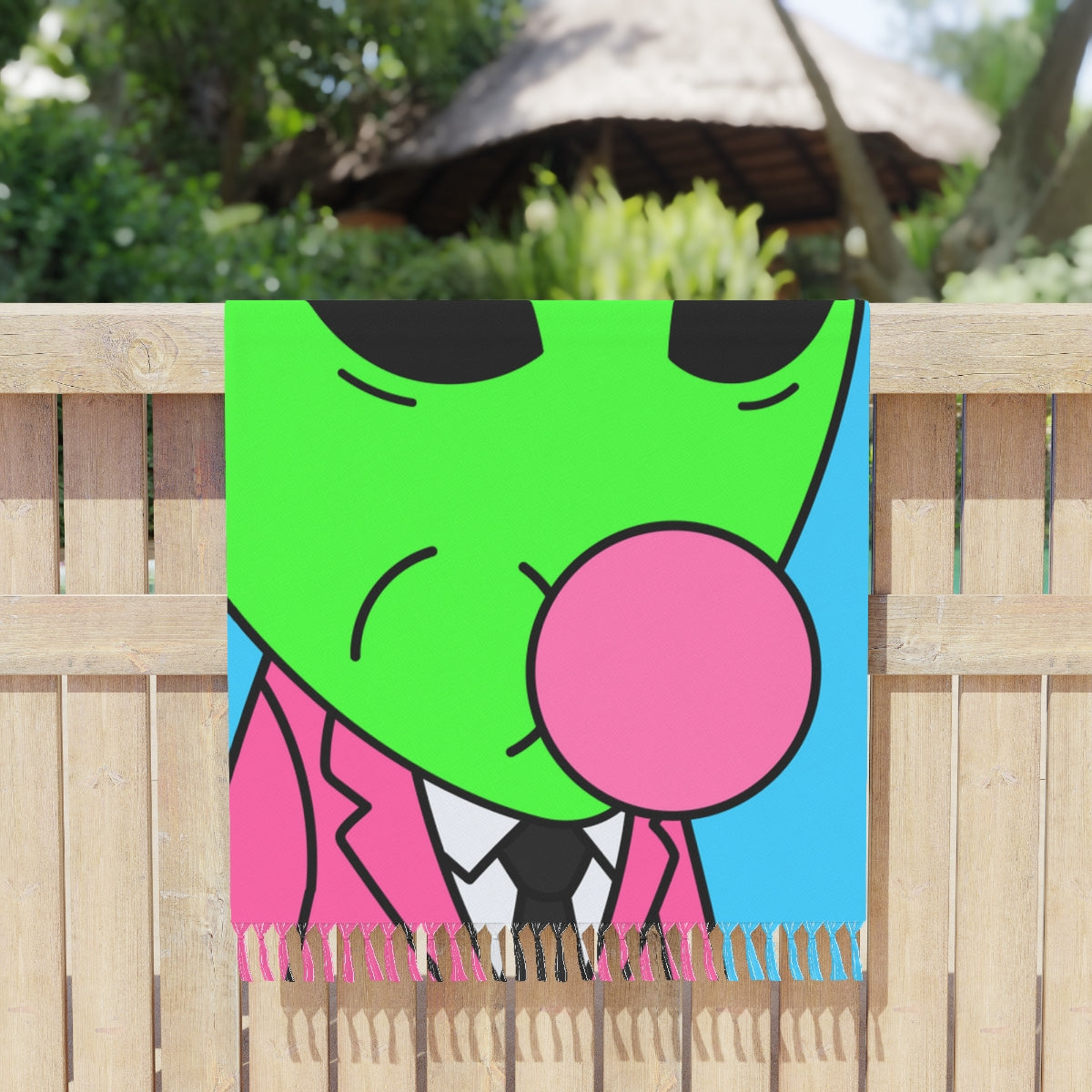 Pink Suit Bubble Gum Visitor Green Alien with Yellow Cap Boho Beach Cloth