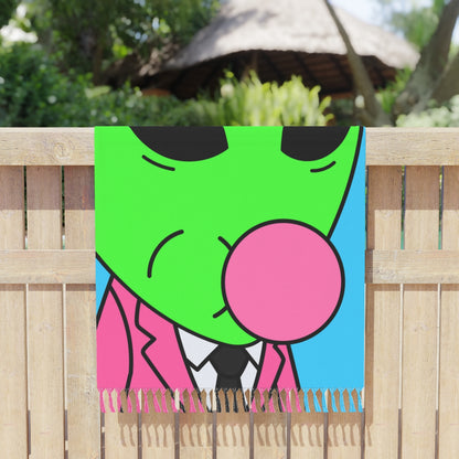 Pink Suit Bubble Gum Visitor Green Alien with Yellow Cap Boho Beach Cloth