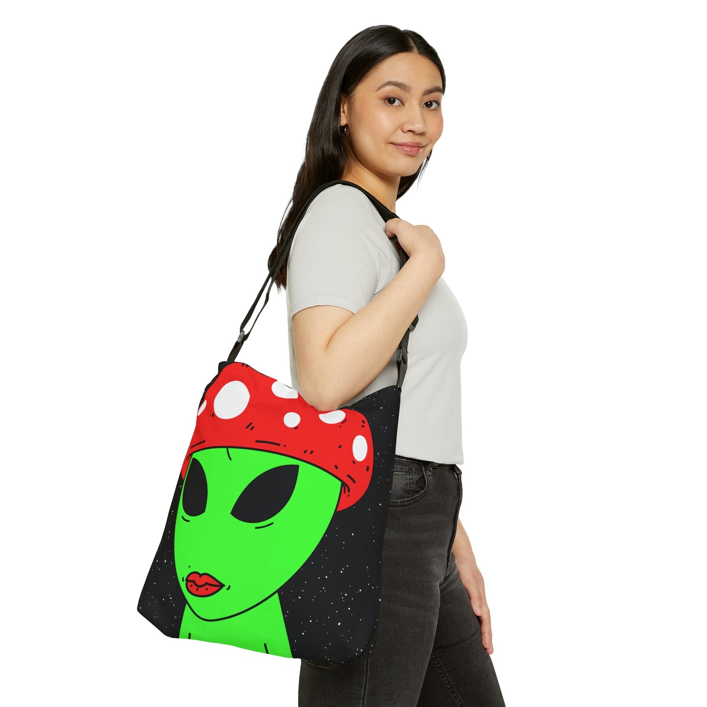 Mushroom Head Green Alien Visitor w/ Red Lips Adjustable Tote Bag (AOP)