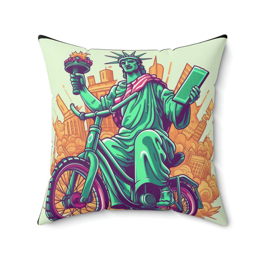 Statue of Liberty Cyclist Bike Rider American Graphic Spun Polyester Square Pillow